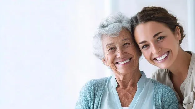 Eine Seniorin und eine jüngere Frau lächeln gemeinsam in die Kamera.